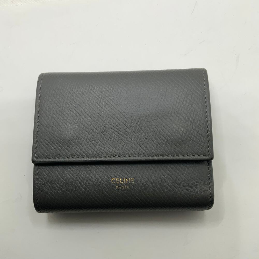 Celine Trifold Compact Small Wallet in Charcoal Gray Grained Calfskin Leather